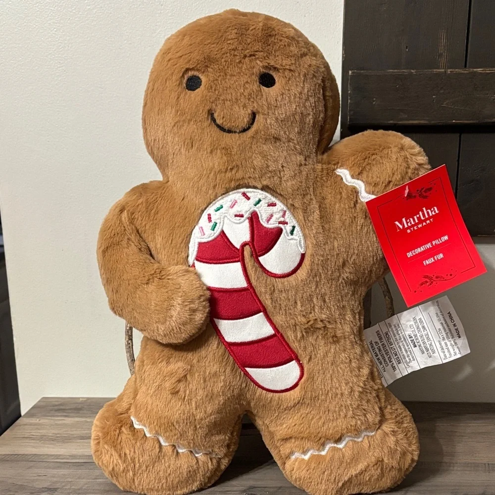 NEW Martha Stewart FAUX FUR Gingerbread MAN Candy Cane Christmas Pillow